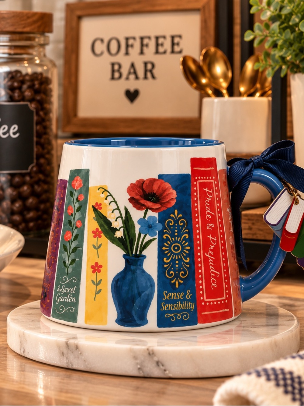 Book-Spine Floral Ceramic Mug in Blue and Red